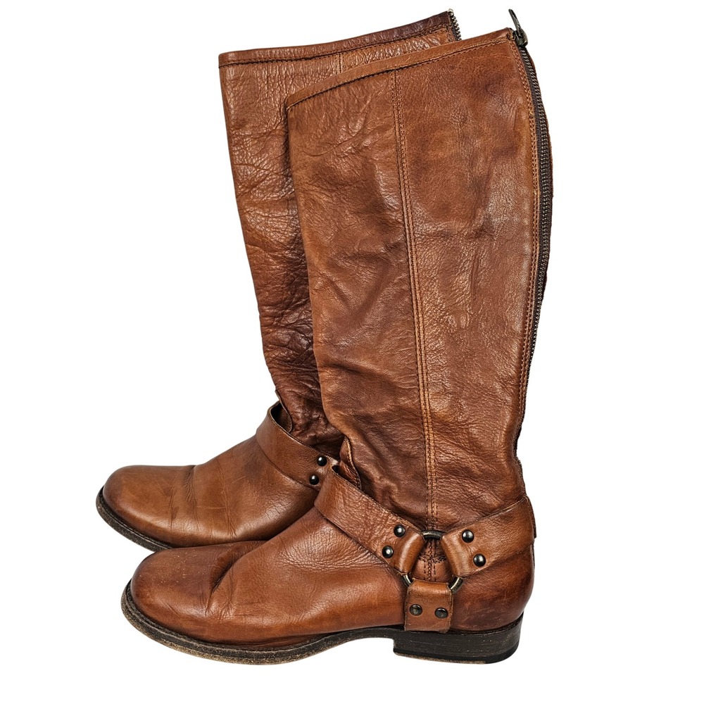 Frye Philip Harness Leather Riding Boots Women's Brown Zip Knee High‎ Size 7.5 B